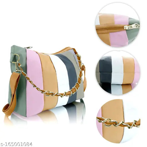 Striped cross body handbag with chain strap, small top handle, and zip closure