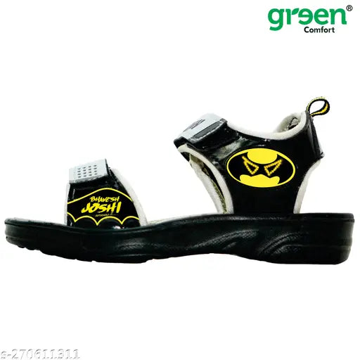 Batman-themed kids' sandals with a comfort grip and adjustable straps. Green colorway with black sole details
