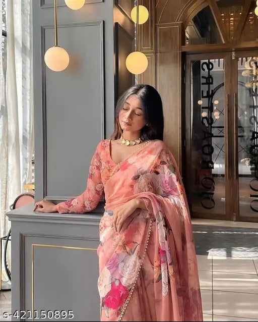 Georgette saree ensemble with printed blouse and fancy pearl lace border, soft light weight, free size, Indian origin
