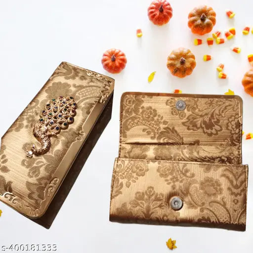 Golden lace fabric wallet, multiple card slots, fashionable accessory