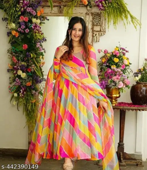 WOMEN DESIGNER FLORAL GEORGETTE KURTA GOWN TRENDING STYLISH CASUAL PARTYWEAR TRADITIONAL KURTI DUPATTA SETS (NO BOTTOM)