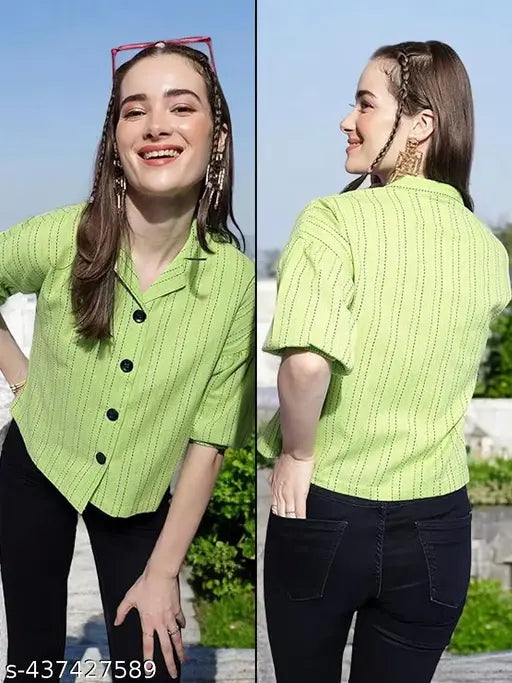 Striped cotton crop shirt for women with half sleeves - premium latest fashion from India