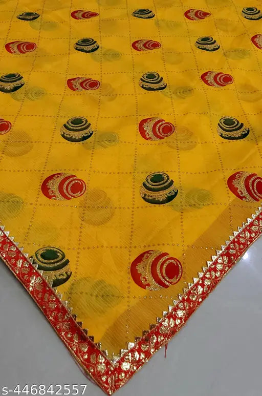 Peacock print georgette checkered saree in yellow with a stripe pattern