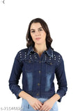 Dark denim jacket, dyed/washed by Six Patti Tieen. Long sleeves, size options: S, M, L, XL for girls