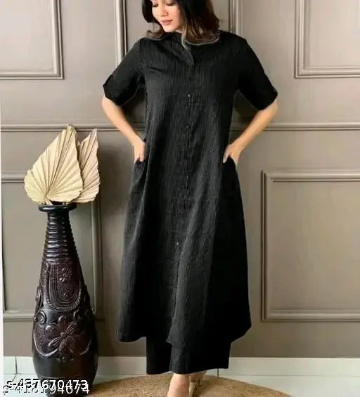 Striped cotton petite kurta set with palazzos, short sleeves, Indian women's fashion - S to XXL sizes