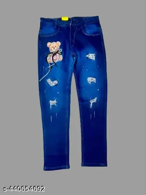 Teddy bear print, distressed blue denim, faded wash style