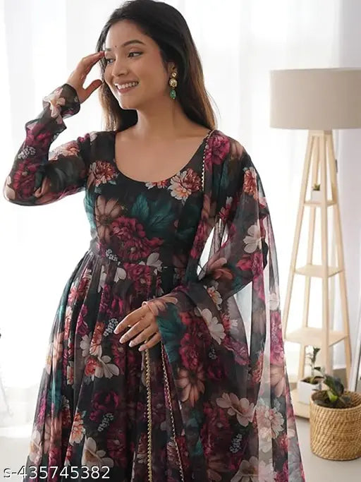 Indian organza gown with dupatta set, long-sleeved printed net dress on mannequin