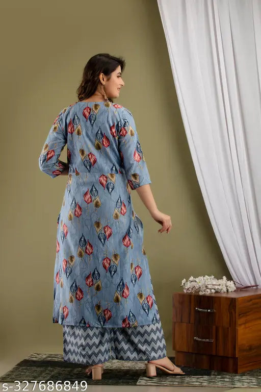 Cotton CE PATTI ZIGZAG A KURTA SET with printed palazzos, Indian traditional attire for women in various sizes