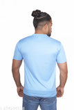 White polyester half-sleeve round neck T-shirt featuring Kp Men's typography design in blue, showcasing the alphabet AZ on a striped background. Customized, made in India