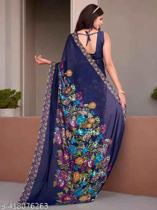 Blue georgette sari with floral print