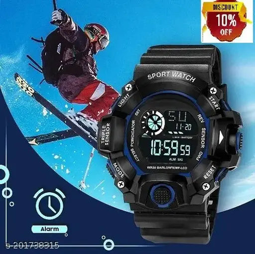 Black digital sports watch with blue display