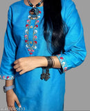 Woolen kurti, navy blue, long sleeves, embroidered design