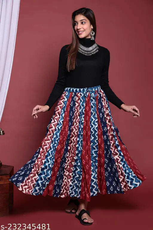 Navra multi-colored printed cotton woman's long party skirt trendy daily wear long skirt