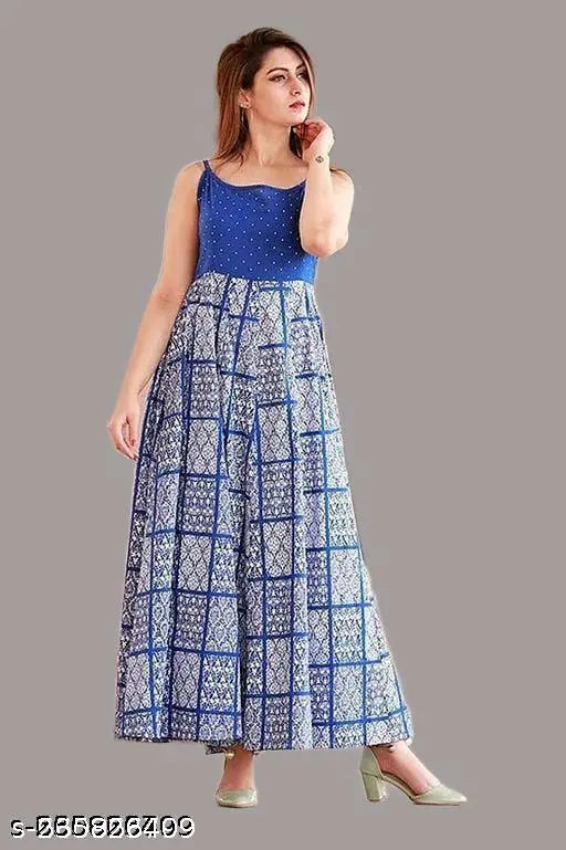 Royal blue printed Anarkali Kurti with white dot koti, rayon, three-quarter sleeves, Indian traditional attire on model