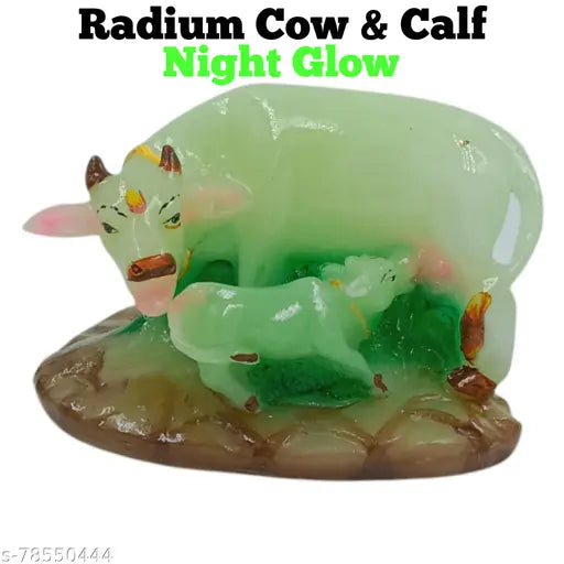 Polystone Kamdhenu cow and calf statue, radium color, 12cm tall, decorative home gift item