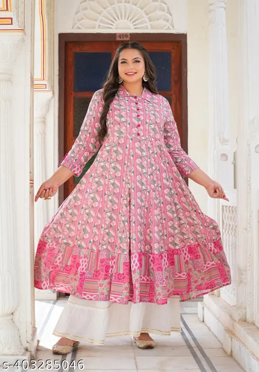 Mandarin Pink Rayon Kurtis by Yash Gallery - Stylish Geometric Printed Anarkali with Shirt Collar & Three-Quarter Sleeves, perfect for regular wear, country of origin: India