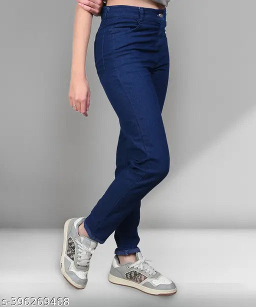 Dark blue stretchable premium denim jeans for girls, plus size, mid waist, elastic waist, ankle cuff, cargo pockets