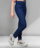 Dark blue stretchable premium denim jeans for girls, plus size, mid waist, elastic waist, ankle cuff, cargo pockets
