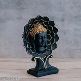 Black and golden polyresin Lord Buddha face statue on lotus with stand, ideal for home decor. Measures approximately 19cm (L) x 9cm (B) x 26cm (H). Perfect for study rooms, living areas, or as a showpiece. Buddha statue art deco, great for living room and bedroom decoration