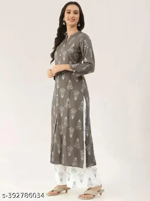 Grey rayon kurti and palazo set, three-quarter sleeves, printed pattern, single set in 2 pieces for women. Indian made