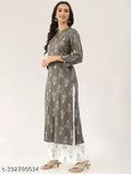 Grey rayon kurti and palazo set, three-quarter sleeves, printed pattern, single set in 2 pieces for women. Indian made