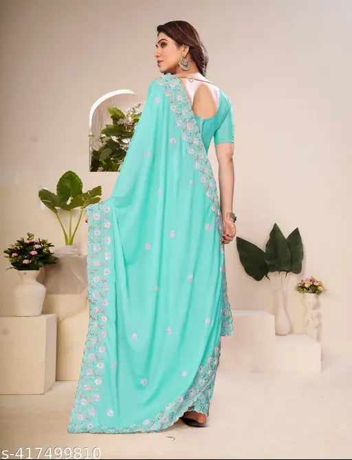 Timeless Glamour Sequence Embroidered Chiffon Sari & Satin Silk Blouse for All Occasions - Indian fashion with intricate embroidery and free size fit
