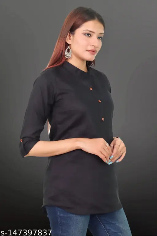 Plus-size rayon tunic top (3xl to 8xl), solid design with three-quarter sleeves, trendy women's fashion from India