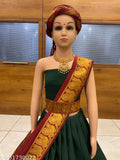 Traditional South Indian kids half saree set, free size, in art silk & litchi silk zari work, unstitched, 1.8m lehenga, 0.6m blouse, 2.3m dupatta, tussles and belt included, India origin