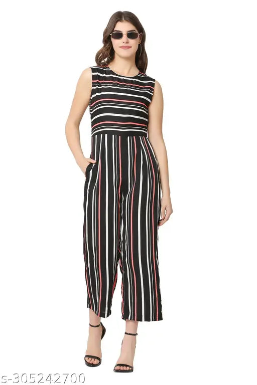 Striped poly crepe jumpsuit, sleeveless with printed net pattern. Size S (Bust 34", Length 52", Waist 26"). Made in India
