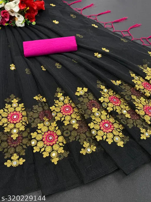 Heavy mirror work and super net fabric embroidery saree with separate blouse in mustard yellow, off white, black, steel gray, and sky blue