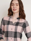 Peach rayon checkered tunic with mandarin collar and 3/4 sleeves by Hive91, front button open, peach color