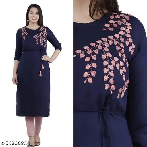 Dark blue straight kurta with floral embroidery on a flat mannequin