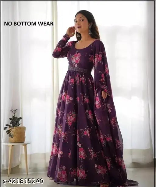 Georgette flower print long kurti with dupatta and belt, three-quarter sleeves, made in India