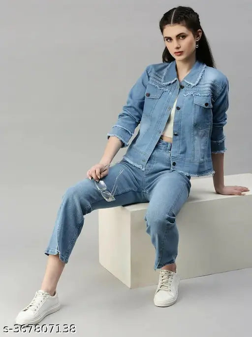 Light Blue Denim Women's Jacket, trendy, solid pattern, long sleeves, machine washable