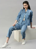 Light Blue Denim Women's Jacket, trendy, solid pattern, long sleeves, machine washable
