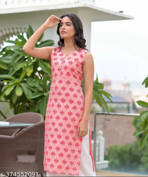 Pink rayon sleeveless straight-cut printed round neck kurta for women & girls, showcasing vibrant Indian designs