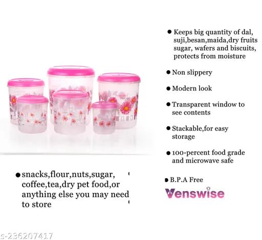 Plastic kitchen storage container set of 6 pieces, varying in weight from 1kg to 12kg, includes one piece each of 1kg, 2kg, 3kg, 6kg and 8kg, with one piece in pink color. Contains airtight lid for freshness