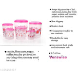 Plastic kitchen storage container set of 6 pieces, varying in weight from 1kg to 12kg, includes one piece each of 1kg, 2kg, 3kg, 6kg and 8kg, with one piece in pink color. Contains airtight lid for freshness