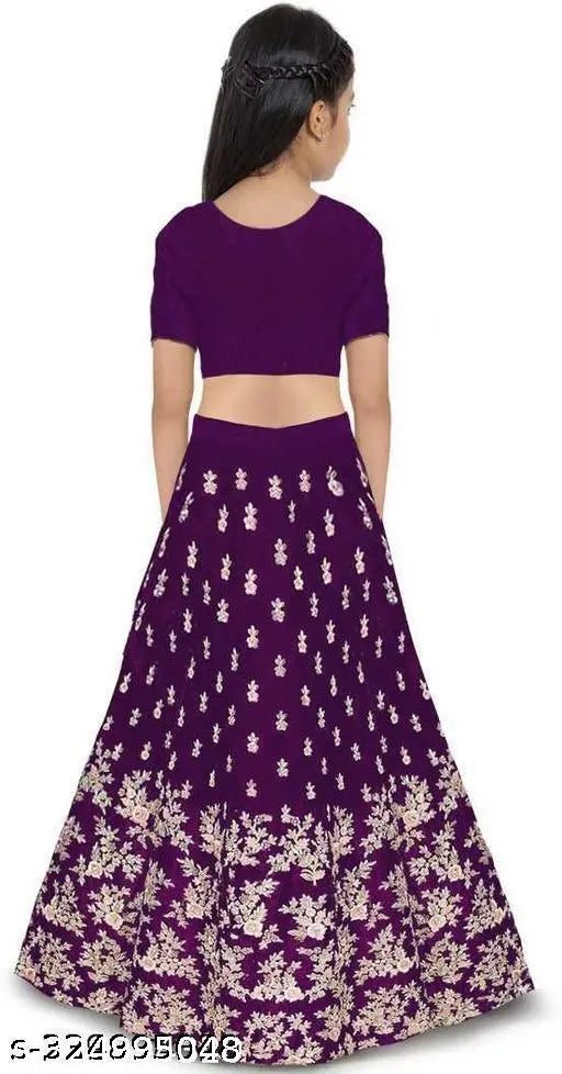 Embroidered kids girls traditional semi-stitched lehenga choli in satin fabric, 0-3 months size, intricate embroidery design on net dupatta