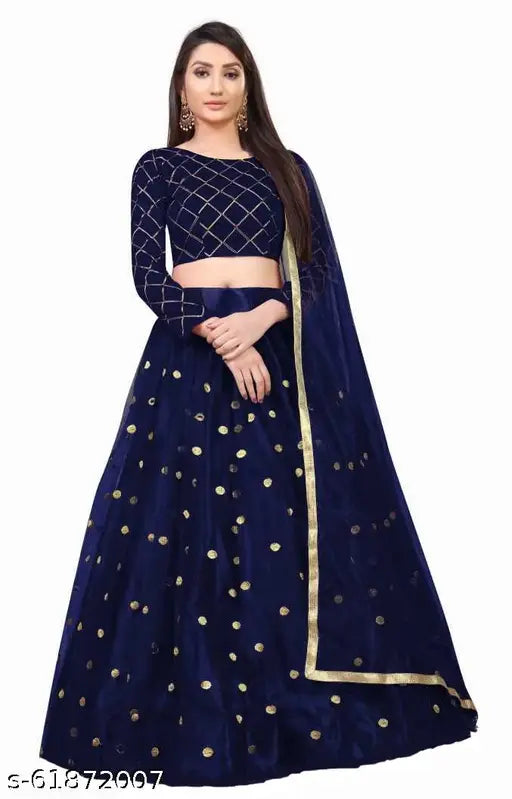Embroidered satin net lehenga-choli set with lace dupatta, exclusive designer piece for women" (89 characters)