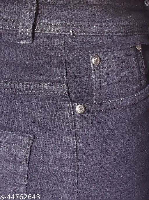 Men's solid denim full-length jeans, durable and stretchable, comfortable pockets, casual to formal wear. Indian-made, sizes from 28in to 42in
