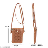 Trendy womens combo sling mobile pouch with light brown texture and metal accents