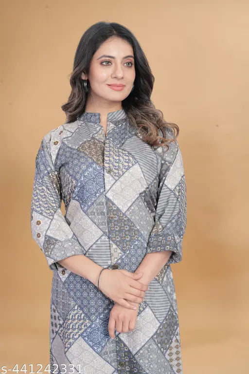 Grey modal kurta set with palazzos, 3/4 sleeves, printed design, sheep buttons, slit collar - women's ethnic wear for regular wear from Ardozaa, hand wash, India origin