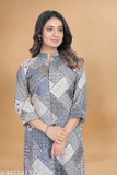 Grey modal kurta set with palazzos, 3/4 sleeves, printed design, sheep buttons, slit collar - women's ethnic wear for regular wear from Ardozaa, hand wash, India origin