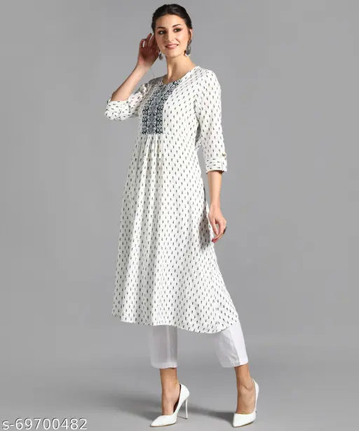Long rayon printed kameez, embellished with embroidery, short sleeves, women's formal wear