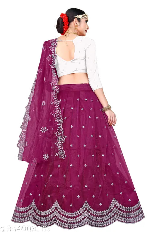 Embroidered dupion silk & net semi-stitched lehenga choli with cutwork border, free size (44in waist, 43in length), trendy Indian fashion