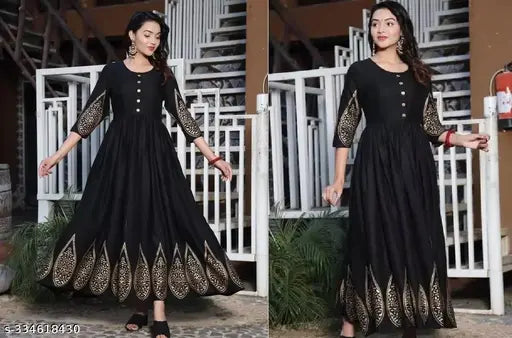 Black, silk, long kurta with embroidered gold print