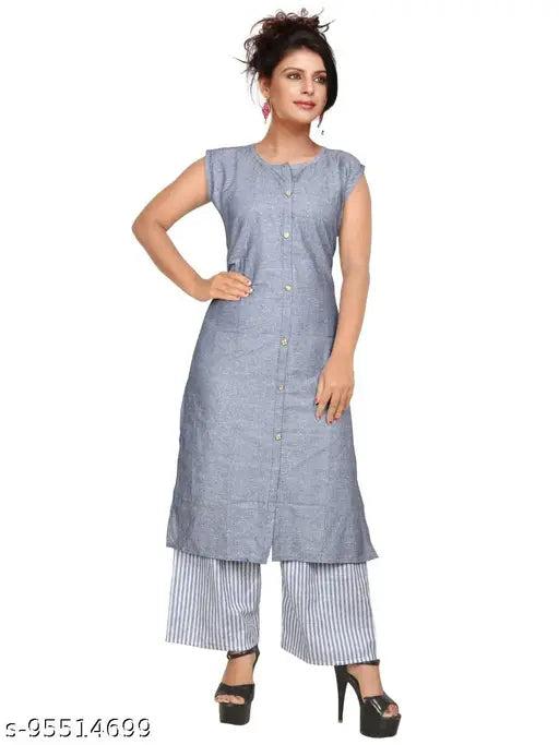 Sleeveless, solid cotton kurta with palazzo pants set for women - Indian fashion