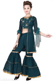 Ethnic green floral printed Anarkali Sharara & Dupatta set for girls, georgette fabric, knee length sleeves, perfect party wear