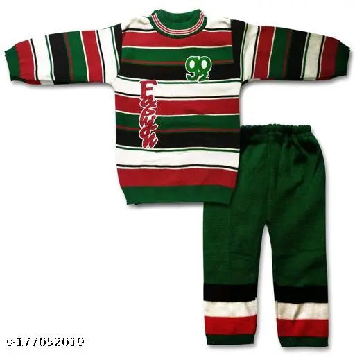 Colorblocked wool sweatshirt & pajama set for kids, suitable for everyday wear. High-quality and breathable, easy to maintain. Made with daffodil yarns, available in various sizes from 0-1 years to 3-4 years. Origin: India